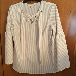 Striped Cream Lace-Up Women's Top w/ ballon sleeves.